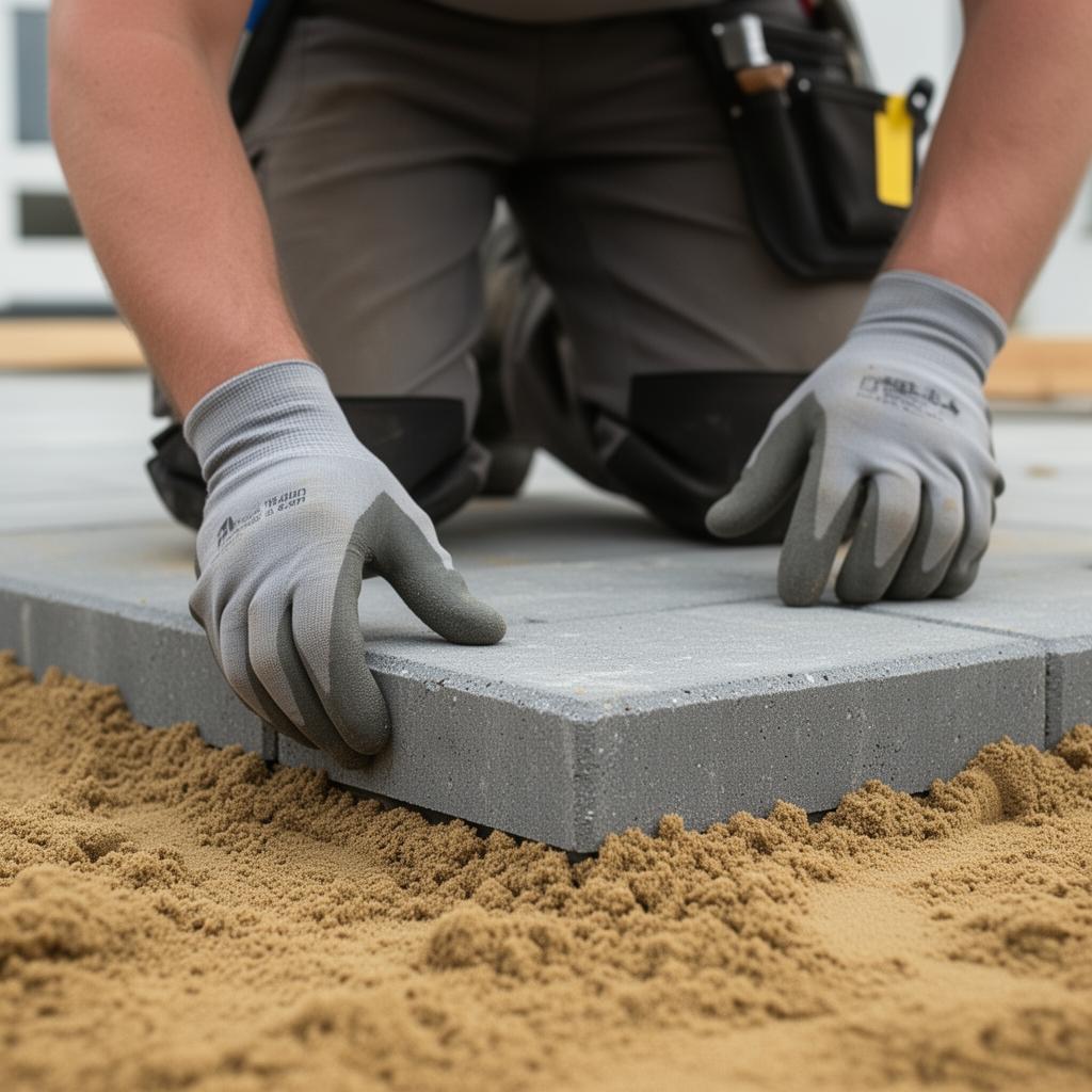 Tradesman hands carefully laying a paving slab on a sand bed