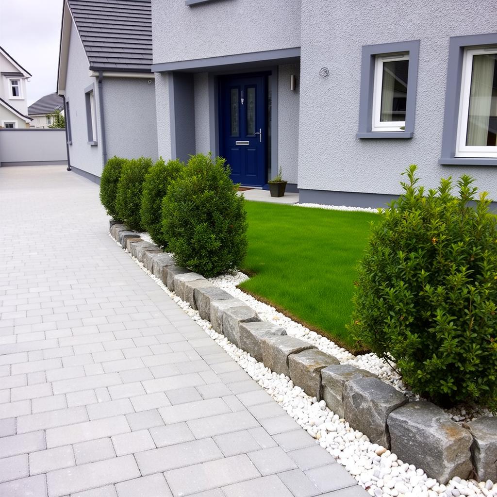 Low-maintenance Irish front garden with block paving and granite border