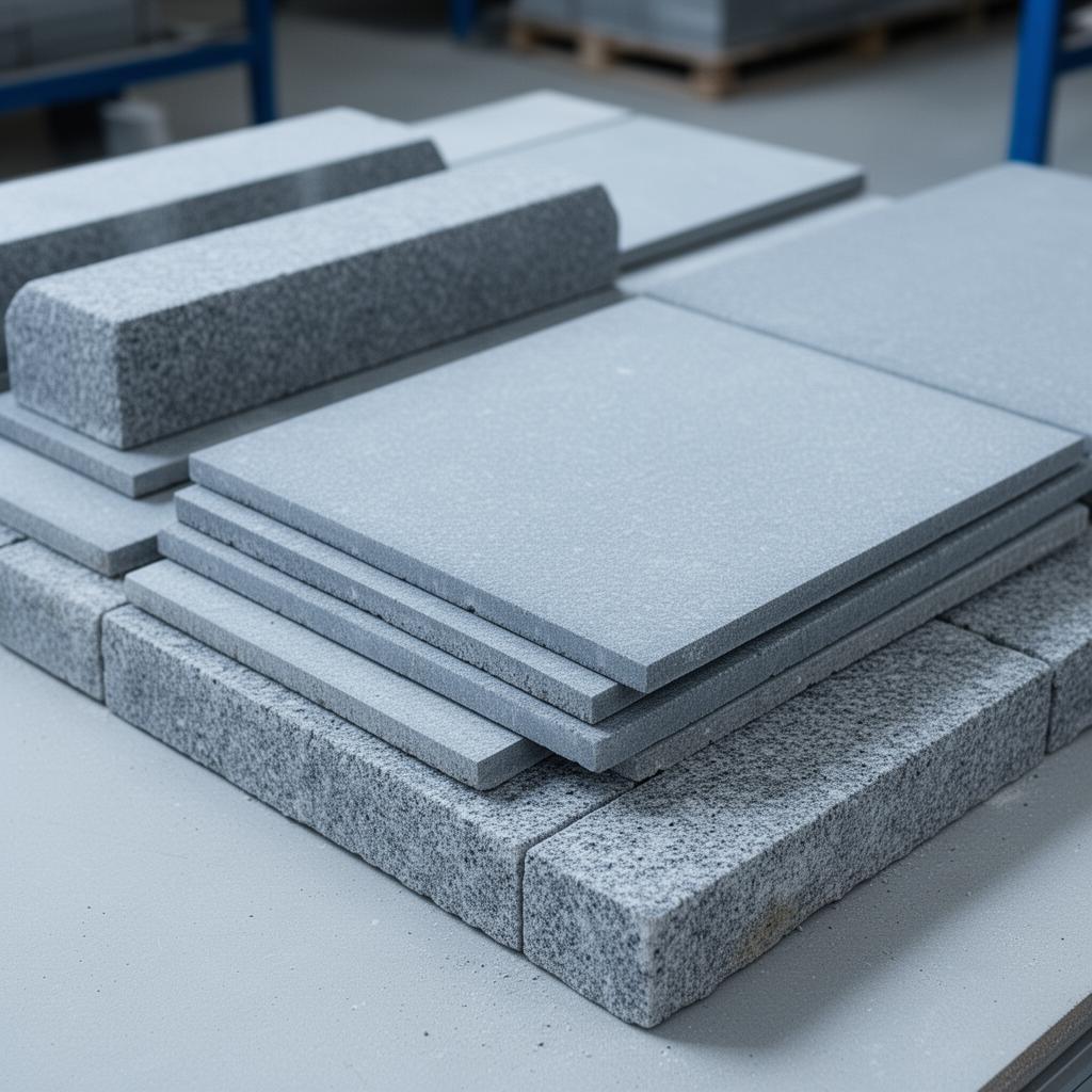 Stack of grey paving slabs and granite kerb